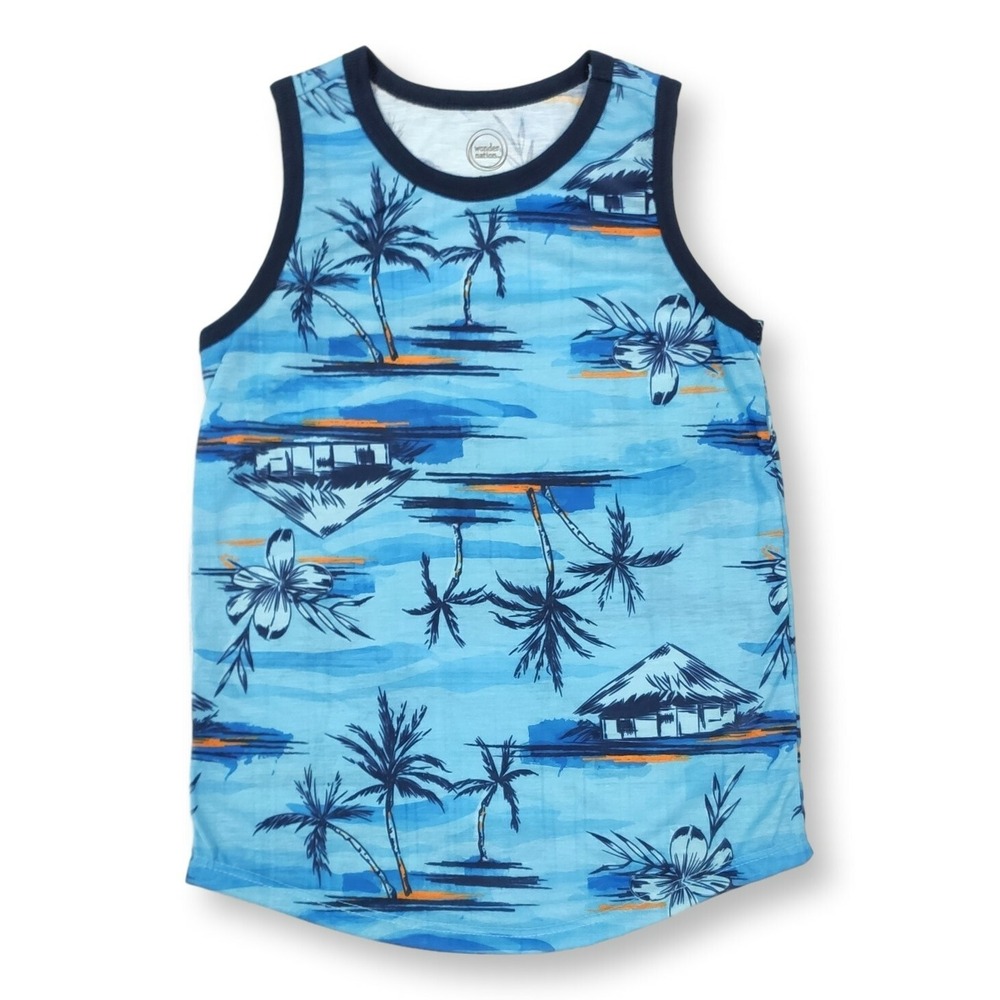 Wonder Nation Tank Top Small 6-7 Blue Palm Tree Tiki Hut Island Summer Boys